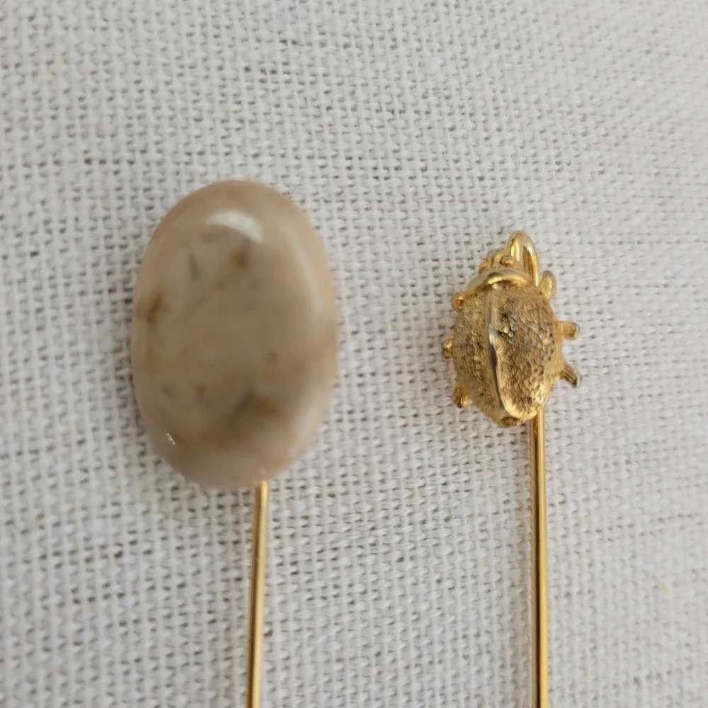 Vintage Gold Tone Stick Pin Ladybug Beetle and Faux‎ Stone Agate Stone